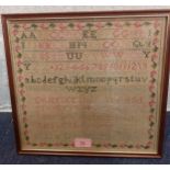 An 1836 sampler worked by Mary Dennis, stretched and framed with alphabet and written verse, 31cm