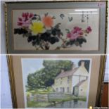 A 20th century Chinese painting of flora signed in a gilt frame, and a Travis watercolour of a