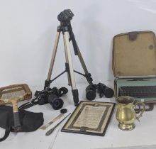 A mixed lot to include a Minolta X-300 camera and tripod, a mother of pearl and silver letter opener