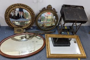 A mixed lot to include a Victorian child's desk, fireside implements and four mirrors to include