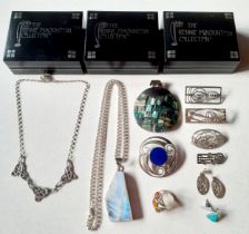 A quantity of silver Rennie Mackintosh jewellery with 3 branded boxes and other silver jewellery.