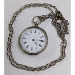 A late Victorian silver fob watch, stamped 935, together with a silver coloured pocket watch chain