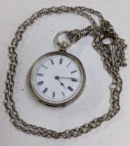 A late Victorian silver fob watch, stamped 935, together with a silver coloured pocket watch chain