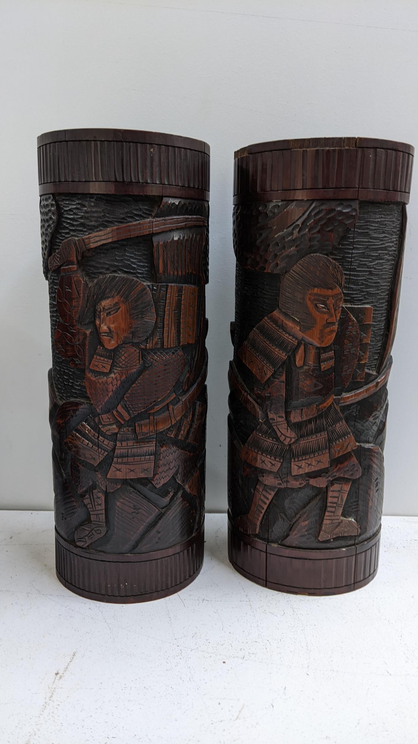 A pair of Chinese bamboo carved brush pots, carved with scenes of warriors, 30cm h x 12.5cm w - Image 2 of 2