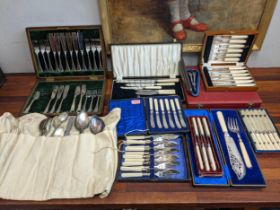 EPNS, Stainless steel and silver plated items to include a horn handled steak knife and fork set,