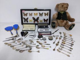 A mixed lot to include 50-year commemorative Harrods teddy bear, a butterfly montage wall picture,