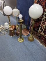 Four brass lamps without plugs and copper to include a frying pan Location: If there is no condition