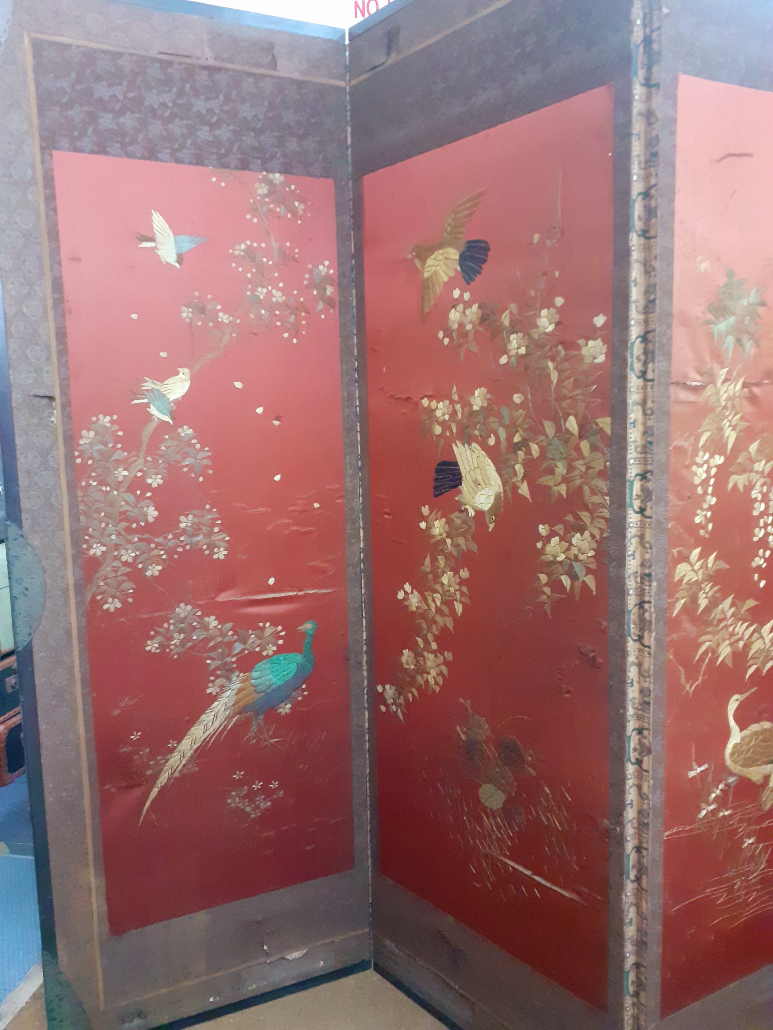 A 1930's Chinese 4 fold screen A/F having embroidered images of birds on branches of blossom to - Image 2 of 18