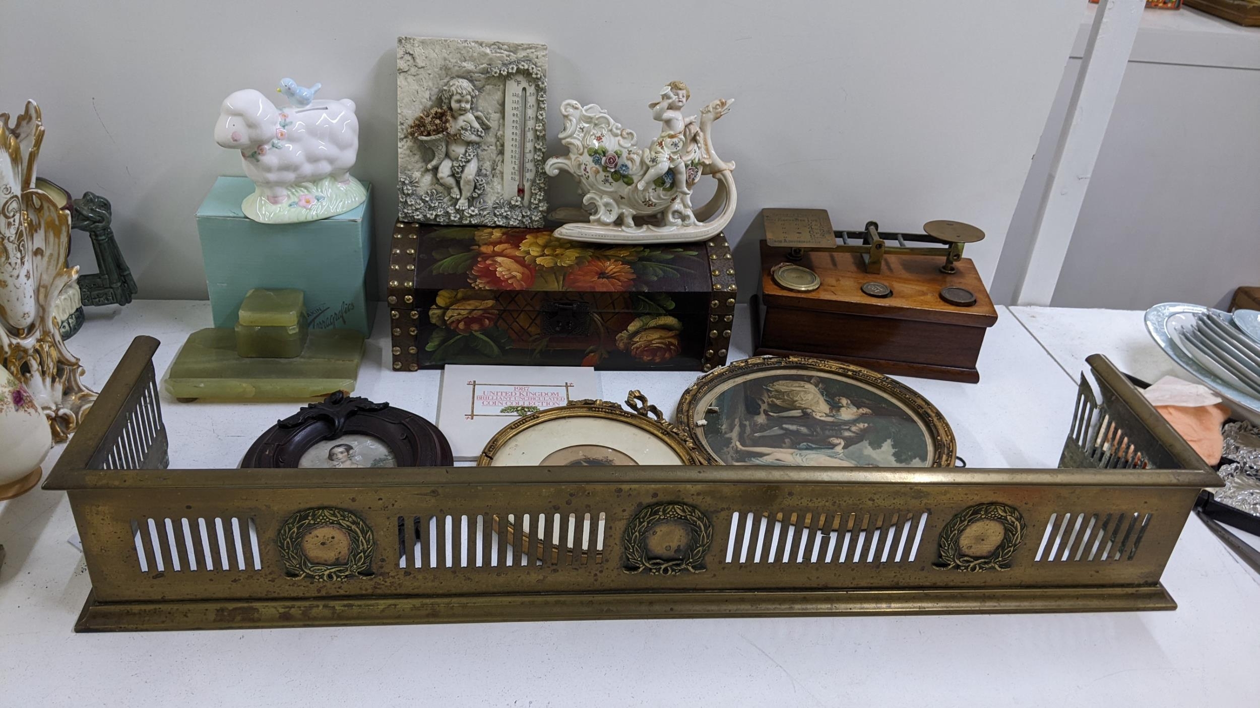 A mixed lot to include a brass fire guard, painted domed top box, uncirculated coin collection, - Image 2 of 5
