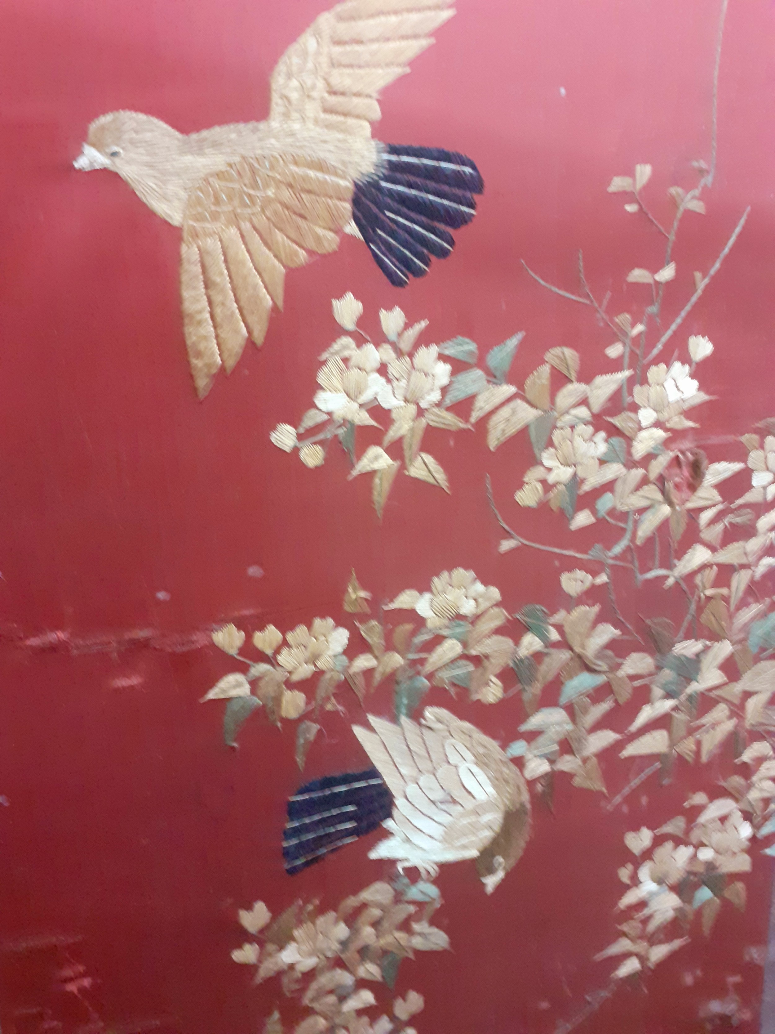 A 1930's Chinese 4 fold screen A/F having embroidered images of birds on branches of blossom to - Image 9 of 18