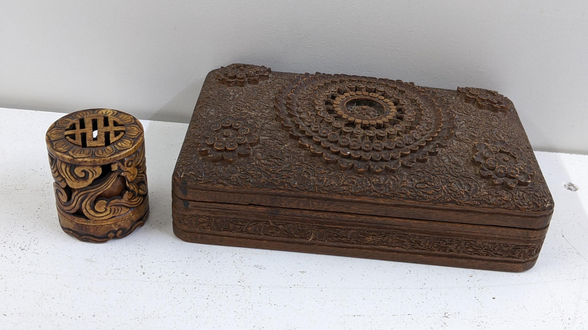 A Chinese Shouchan stone carved incense burner, a carved Anglo Indian box Location: If there is no