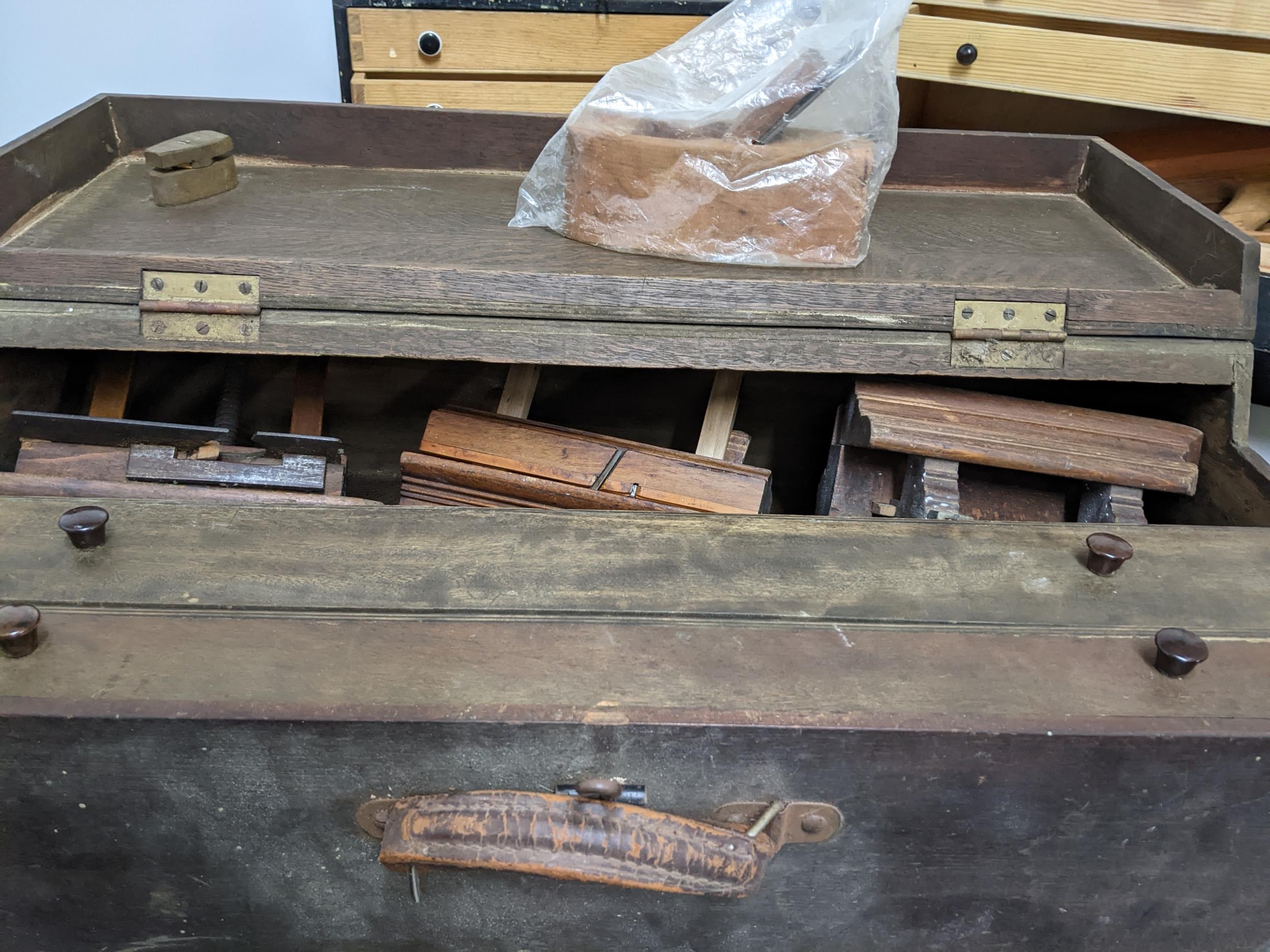 Three early 20th century wooden tool boxes containing various wood working planes and other moulding - Image 5 of 5