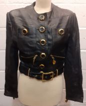 A Jean Paul 'Couture' soft black leather bomber jacket having gold tone zips, buckles and heart