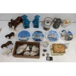 Ceramics to include a pair of Chinese turquoise glazed model dogs, a china shire horse, fossils