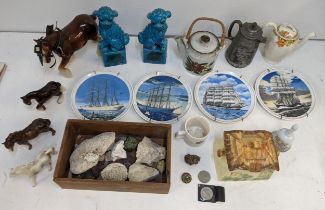 Ceramics to include a pair of Chinese turquoise glazed model dogs, a china shire horse, fossils