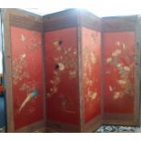 A 1930's Chinese 4 fold screen A/F having embroidered images of birds on branches of blossom to