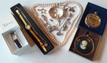 A small group of costume jewellery and collectables to include an engraved gold plated bangle with