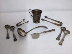 Silver items to include two George Adams Victorian King's pattern mustard spoons, a Dennison