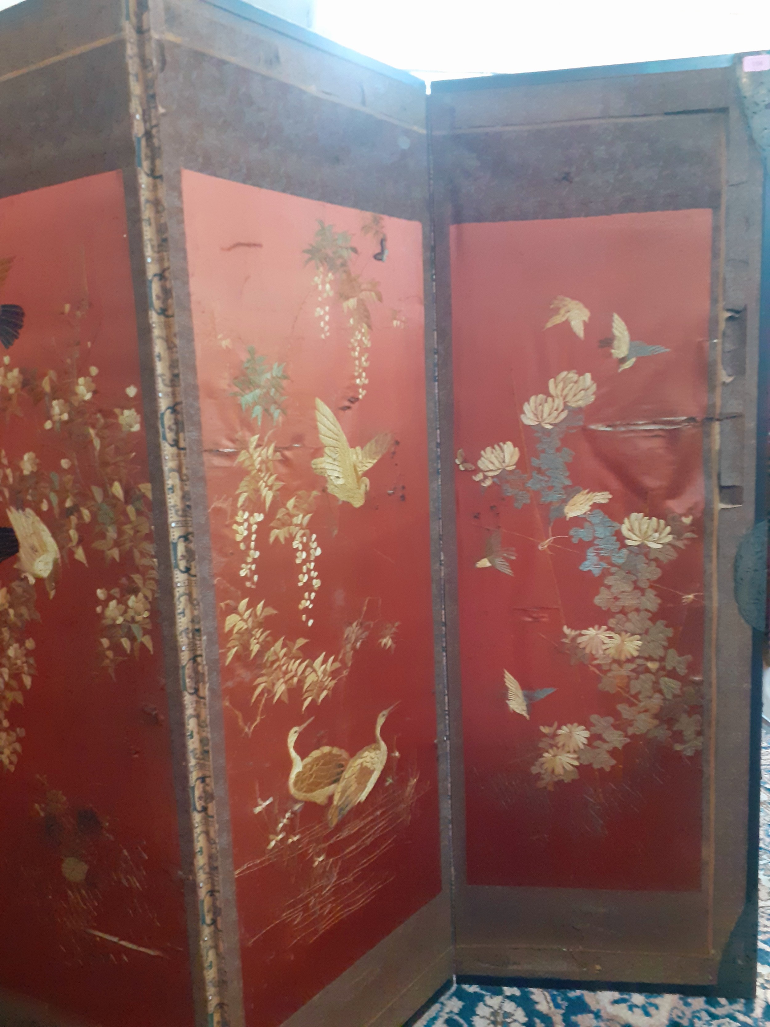 A 1930's Chinese 4 fold screen A/F having embroidered images of birds on branches of blossom to - Image 3 of 18