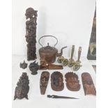 A mixed lot to include two brass models of canons, a copper kettle and others, together with treen