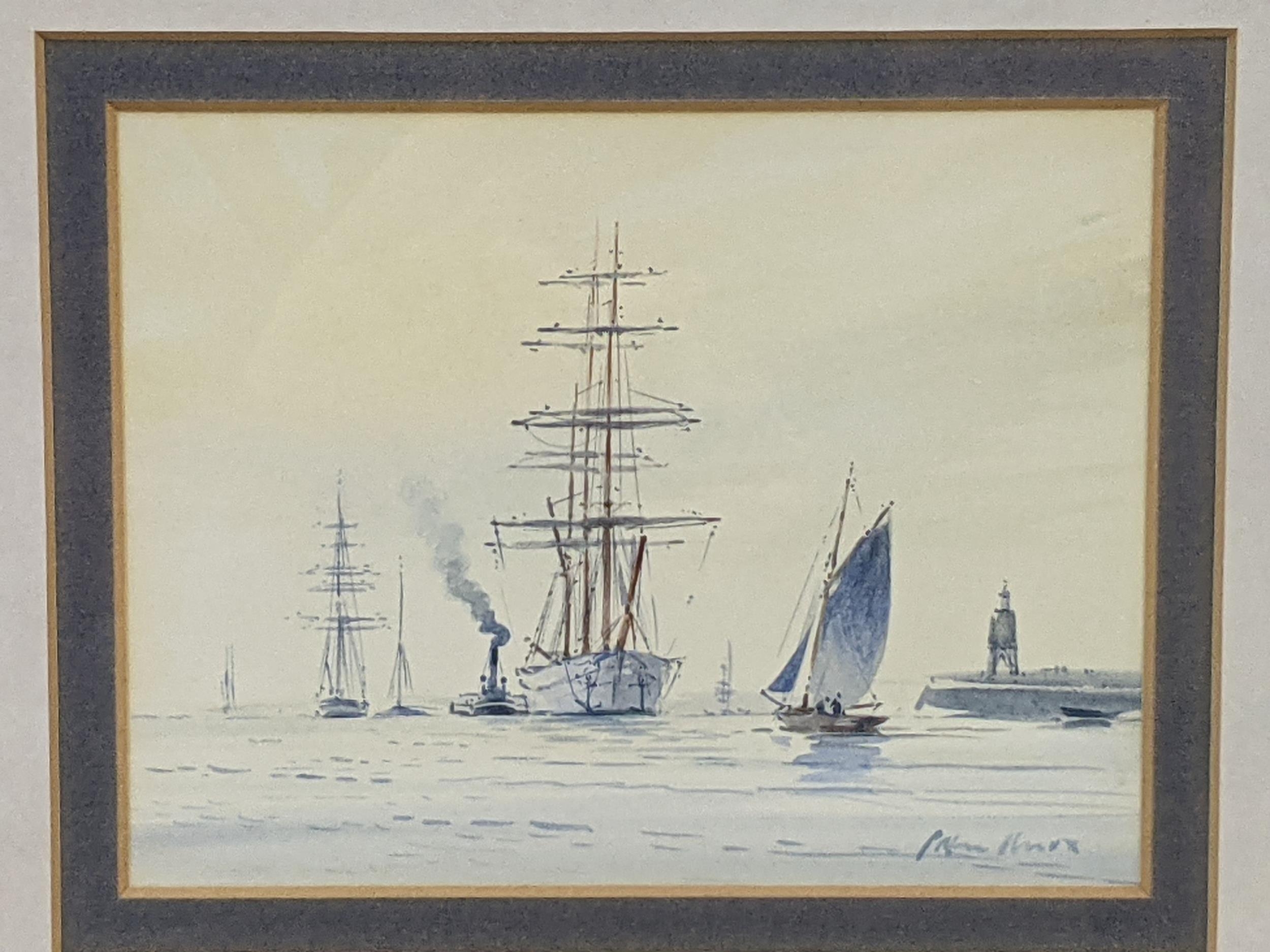 A watercolour on board depicting two tall shops and a smaller yacht near a harbour, signature 'peter - Image 4 of 8