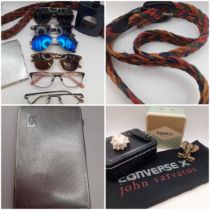 Mixed fashion sunglasses and reading glasses, a vintage coloured leather twist belt, a silver plated