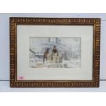 A watercolour on bod depicting a snowy shipping dock, signature 'Frank Mcelivain' framed and glazed,