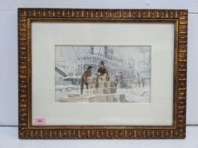 A watercolour on bod depicting a snowy shipping dock, signature 'Frank Mcelivain' framed and glazed,