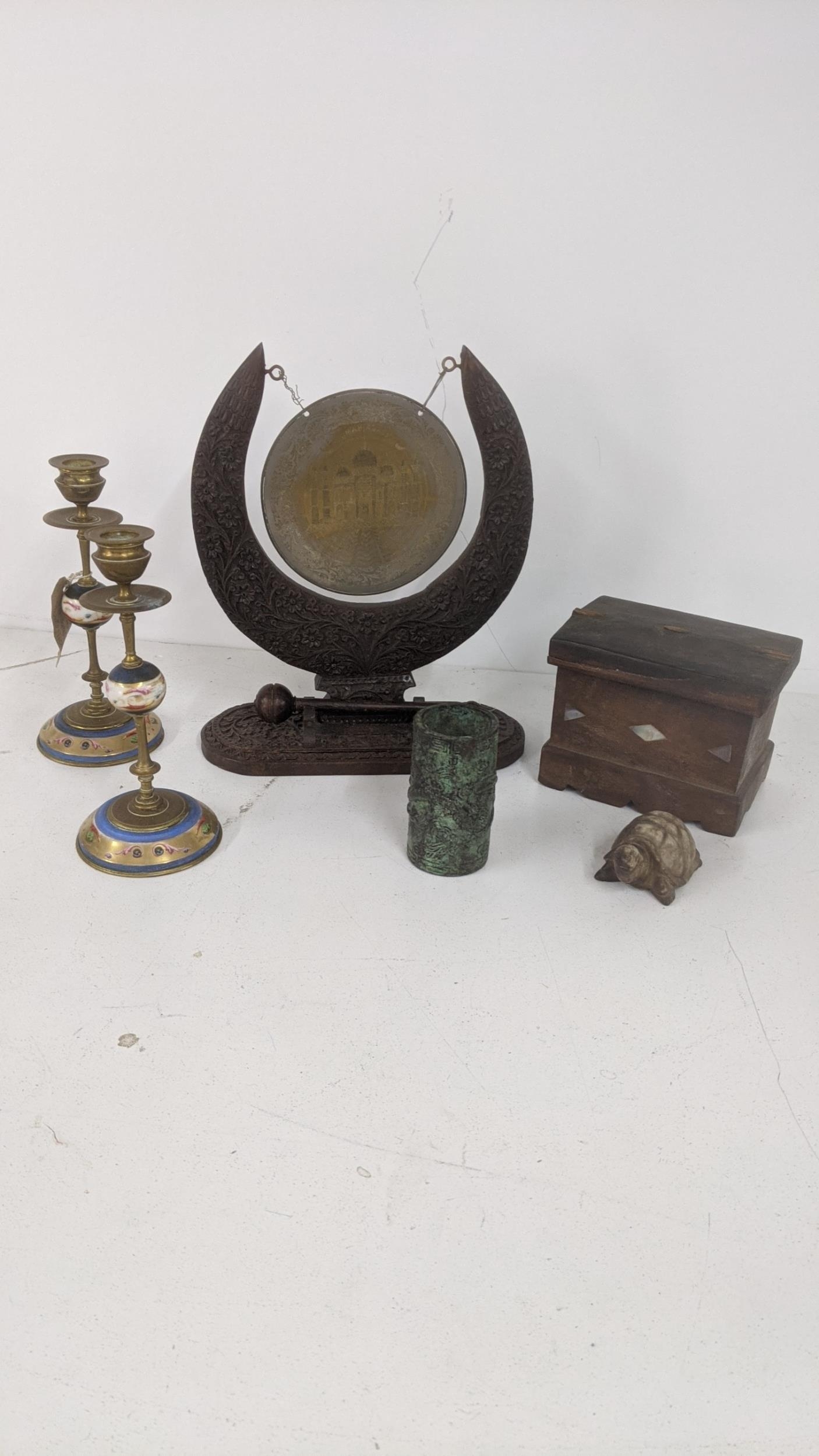A mixed lot to include Chinese patterned brushed brass vase, a Indian hand-carved gong and mallet,