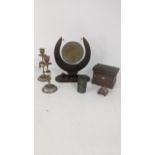 A mixed lot to include Chinese patterned brushed brass vase, a Indian hand-carved gong and mallet,