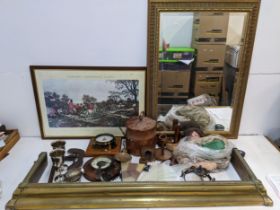 A mixed lot of collectables to include two glass chandeliers, barometers, brass fire surround,