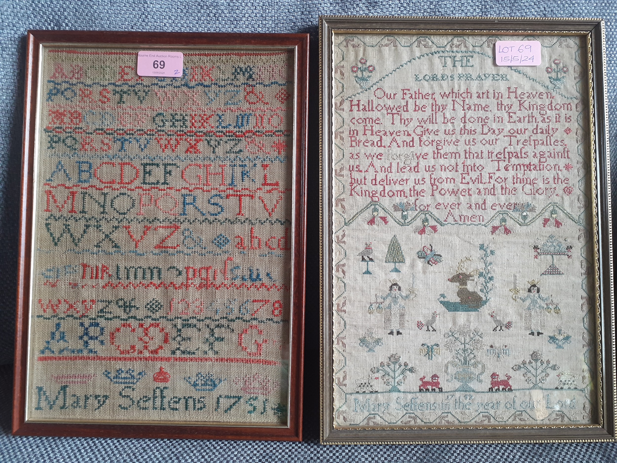 Two 18th Century samplers worked by Emma Seffens one dated 1751 and the other 1752, stretched and