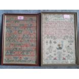 Two 18th Century samplers worked by Emma Seffens one dated 1751 and the other 1752, stretched and