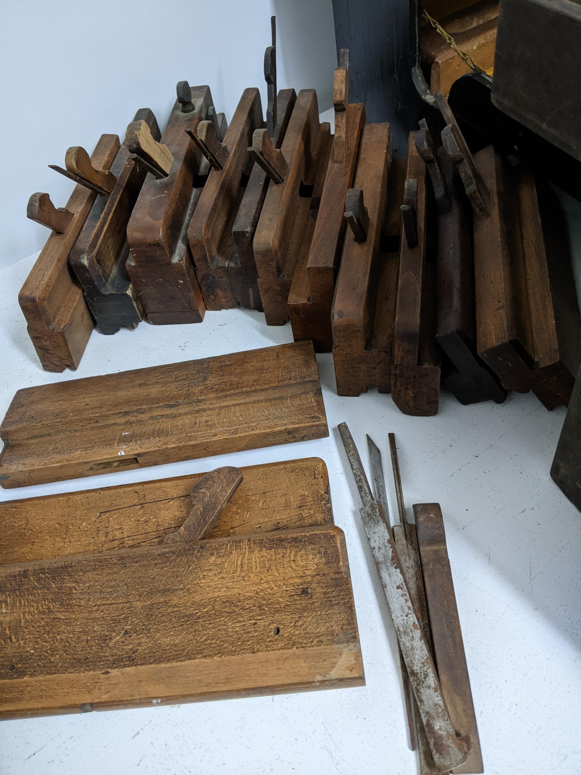 Three early 20th century wooden tool boxes containing various wood working planes and other moulding - Image 4 of 5