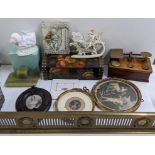 A mixed lot to include a brass fire guard, painted domed top box, uncirculated coin collection,
