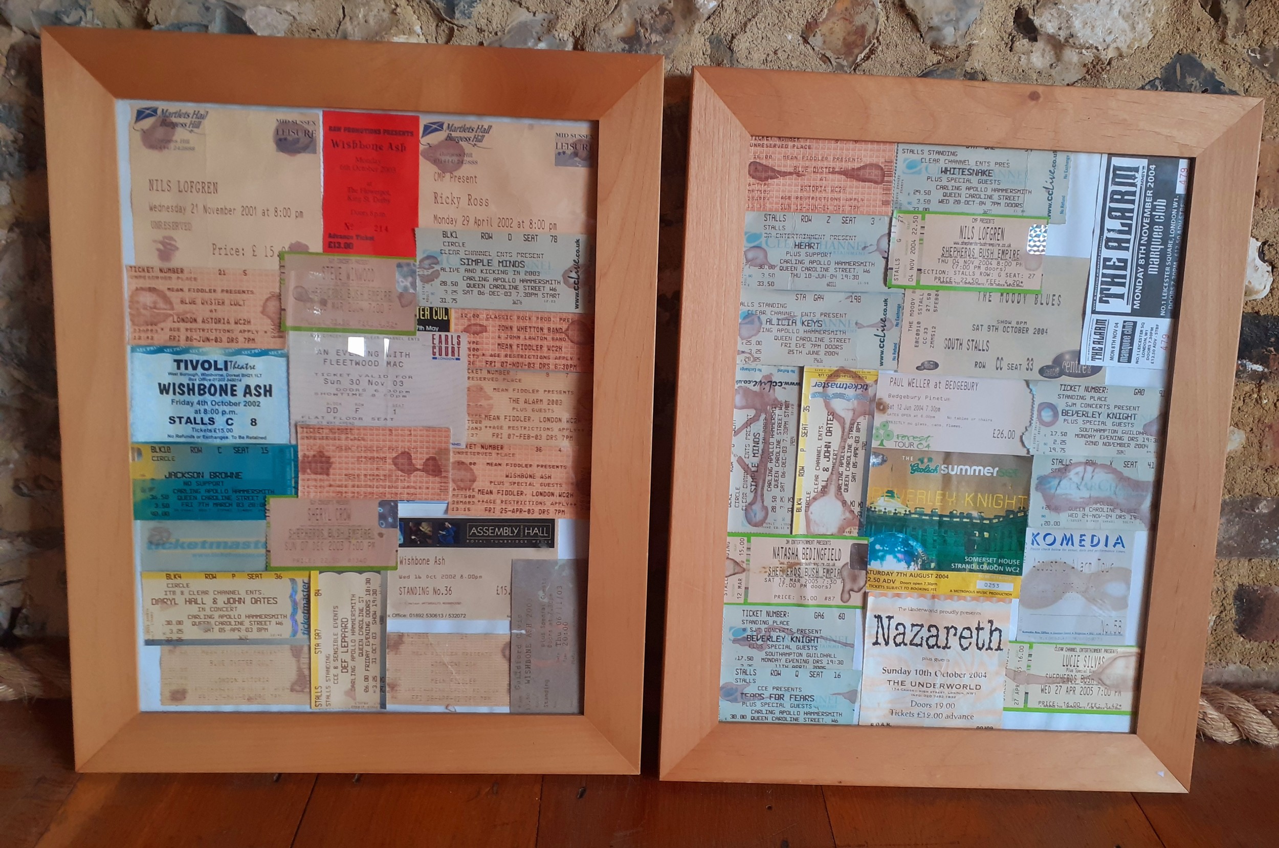 Two framed montages of music concert tickets to include Nazareth 2004 The Underworld, London,