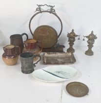 A mixed lot to include a 17th/18th century pewter tankard, a brass gong A/F, a pair of Japanese