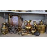 Mixed metalware to include a fireside trivet, brass horn, copper twin handled tray and other items