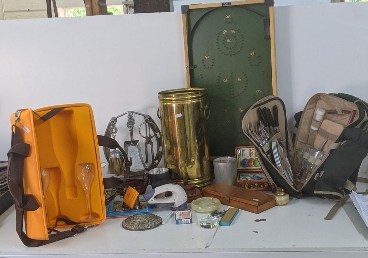 A mixed lot to include silver plated items, a vintage bagatelle pin board, Domino set and others,