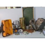 A mixed lot to include silver plated items, a vintage bagatelle pin board, Domino set and others,