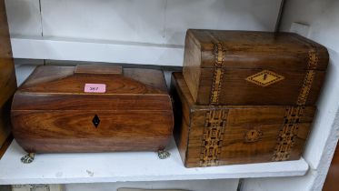 Two 19th century Tunbridge ware parquetry inlaid boxes together with a regency mahogany tea caddy