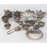 Mixed silver plated items to include various tea pots, milk and creams jugs, a pedestal dish with