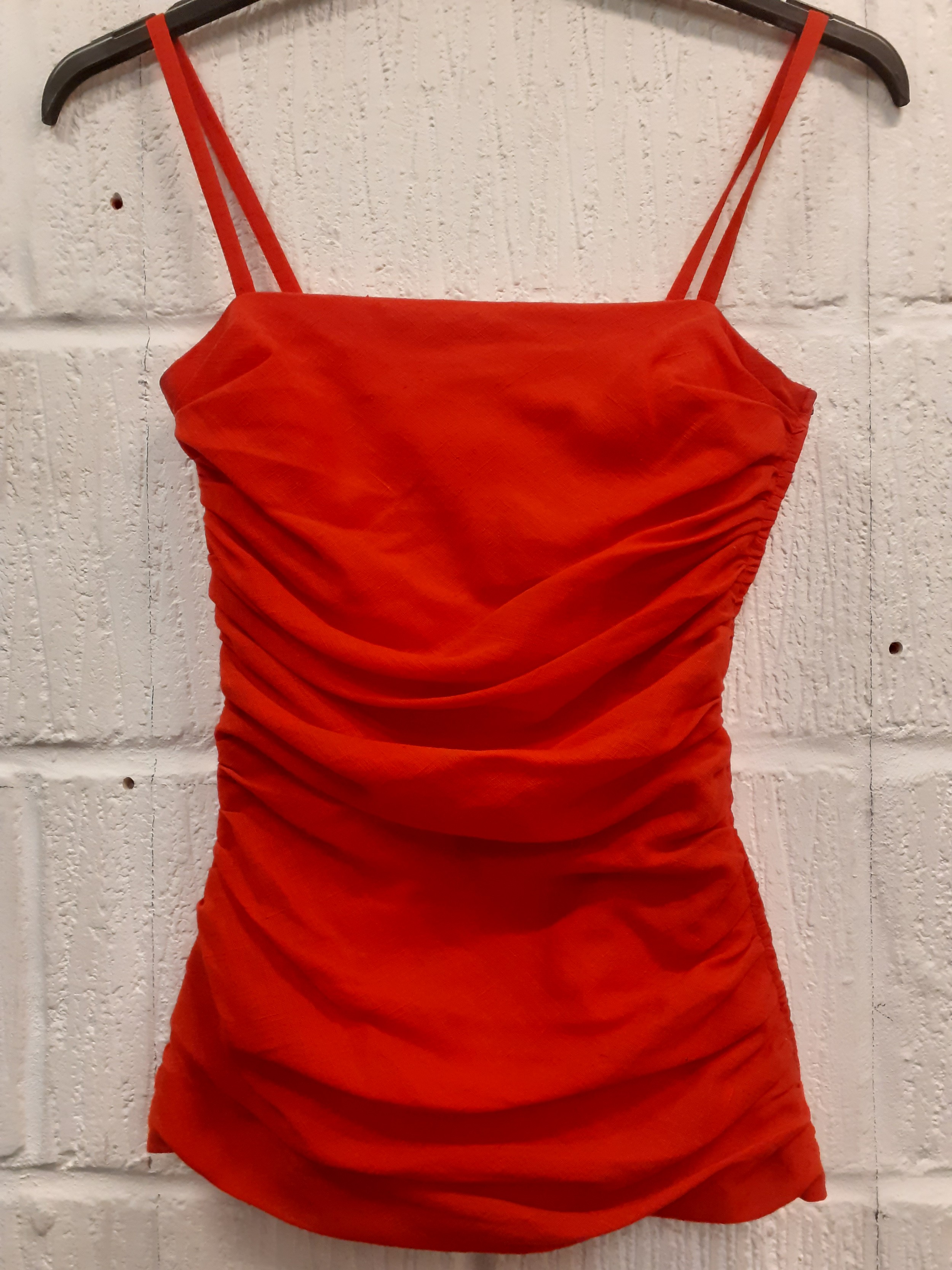 YSL-A Saint Laurent Rive Gauche red ruched top with shoulder straps and side zip, European size 36 - Image 11 of 18