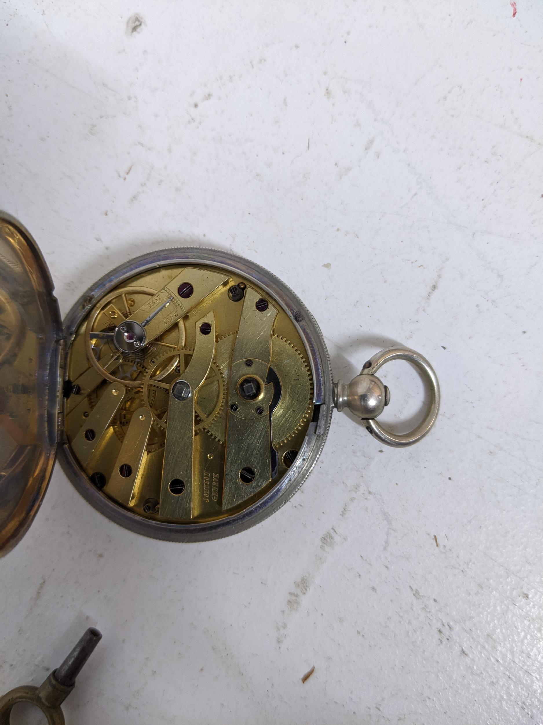 A Swiss white metal and key wound pocket watch, white enamel Roman dial marked Johnson Geneve, the - Image 2 of 4