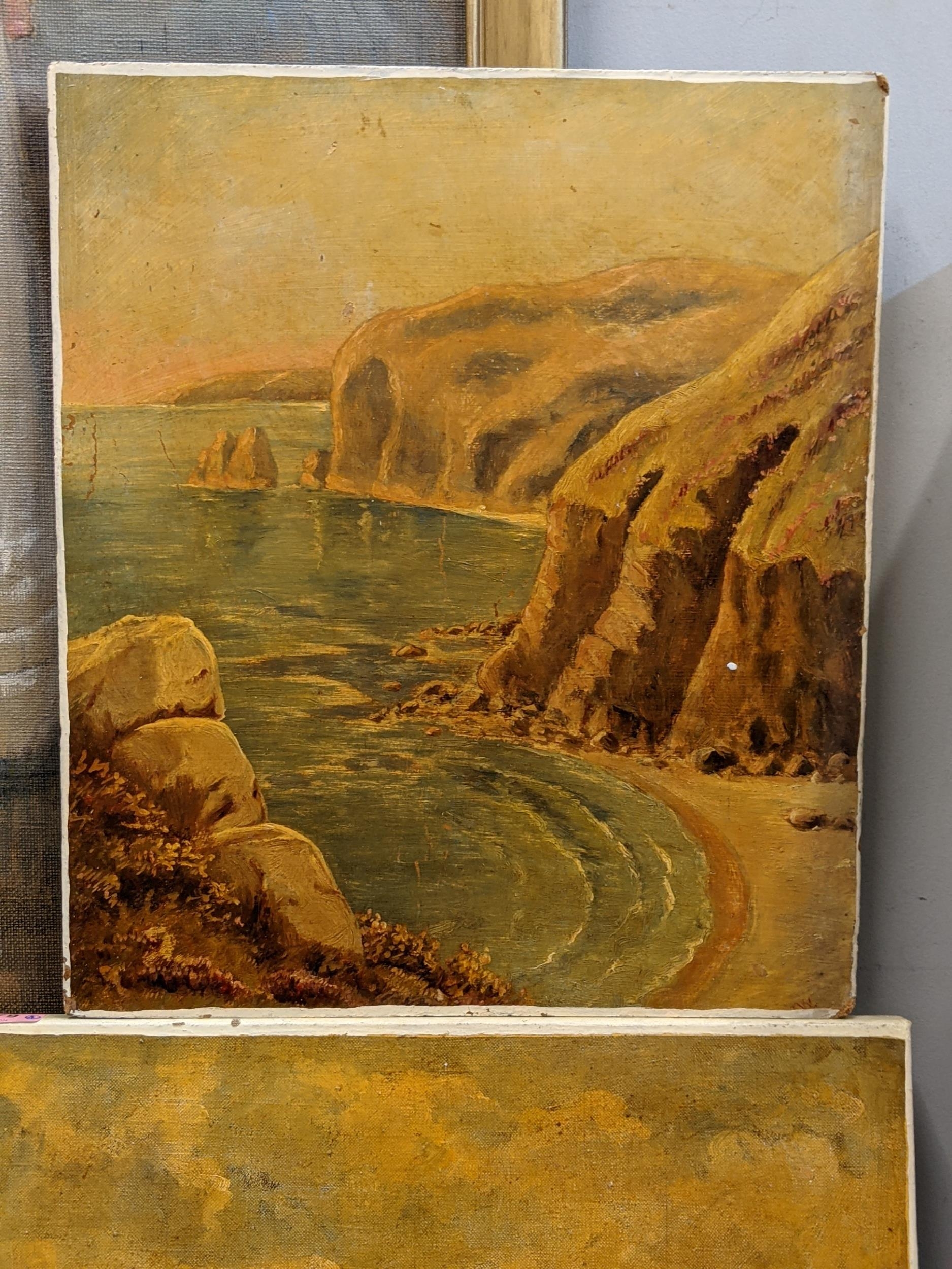 Four oil paintings, three on canvas and one on board, depicting two seascapes and two lake scenes - Image 5 of 5
