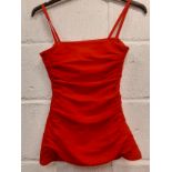 YSL-A Saint Laurent Rive Gauche red ruched top with shoulder straps and side zip, European size 36