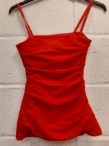 YSL-A Saint Laurent Rive Gauche red ruched top with shoulder straps and side zip, European size 36