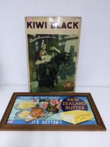 A vintage metal Kiwi Black Boot Polish advertising sign, and a framed and glazed poster