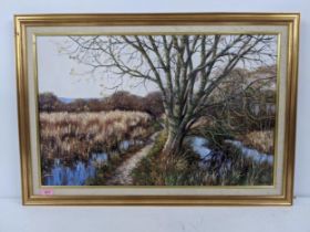 A lake and woodland scene depicting wetlands and a single track by Deborah Poynton, oil on canvas,