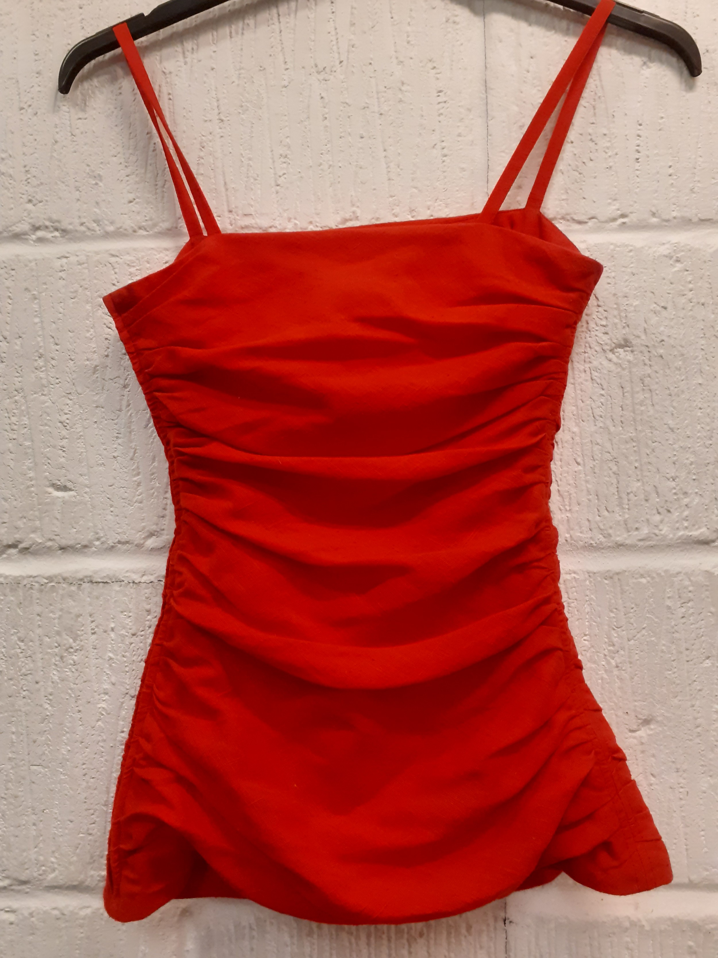 YSL-A Saint Laurent Rive Gauche red ruched top with shoulder straps and side zip, European size 36 - Image 13 of 18